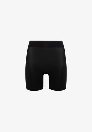 Sorte tætsiddende shorts med høj talje, lavet af glat, strækbart materiale. Har en længde til midt på låret og ingen synlige sømme eller hardware.