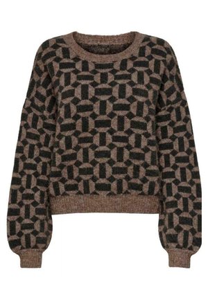 Pull en laine marron et noir à motif, avec un col rond, des manches longues et des poignets côtelés. Présente des formes géométriques sur tout le tissu.