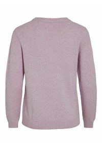 Lilac sweater featuring long sleeves, a round neckline, ribbed cuffs and hem, and a soft, textured fabric with a subtle heather pattern.