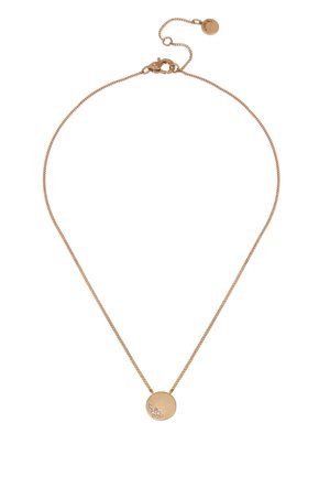 Gold chain necklace featuring a round pendant with a textured surface and three small clear crystals. Adjustable clasp for varied lengths.