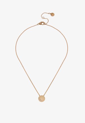 Gouden ketting met een ronde hanger met een gestructureerd oppervlak en drie kleine heldere kristallen. Verstelbare sluiting voor verschillende lengtes.