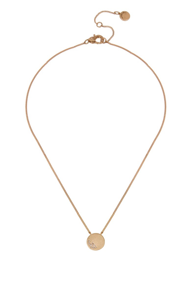 Gold chain necklace featuring a round pendant with a textured surface and three small clear crystals. Adjustable clasp for varied lengths.