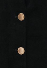 Μαύρο ύφασμα βελούδο που διαθέτει δύο εξέχοντες χρυσούς κουμπιά με ραβδωτή υφή και στρογγυλό περιθώριο, τοποθετημένα κάθετα στο ενδύμα.