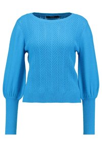 Pull en maille bleu avec motif en chevron torsadé, encolure ronde, manches longues bouffantes et poignets et ourlet côtelés.