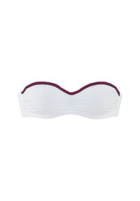 Bela bandeau bikini zgornji del z nabranimi detajli, kontrastnim rožnatim in črnim robom vzdolž zgornjega roba, gladka tkanina in podpora z žičko.