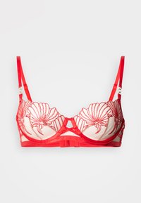 Soutien-gorge rouge à armatures en dentelle avec broderie florale, bonnets en tissu transparent, bretelles réglables et détail en forme de fente au centre avant.