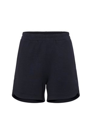 Sötét tengerészkék rövidnadrág, puha anyagból készült, széles rugalmas derékkal és két oldalsó zsebbel, ívelt szegéllyel a lábaknál.