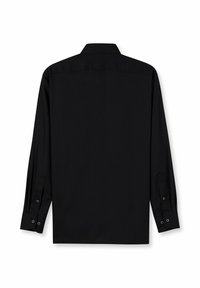 Schwarzes Langarmhemd mit Kragen, geknöpften Manschetten und glattem Stoff. Rückansicht ohne Muster oder Verzierungen.