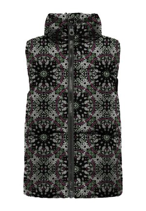 Veste sans manches matelassée avec un fond noir et un motif cachemire circulaire complexe en blanc, vert et rose, fermeture éclair avant et col montant.