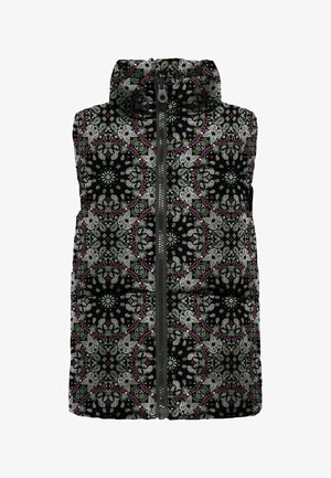 Veste sans manches matelassée avec un fond noir et un motif cachemire circulaire complexe en blanc, vert et rose, fermeture éclair avant et col montant.