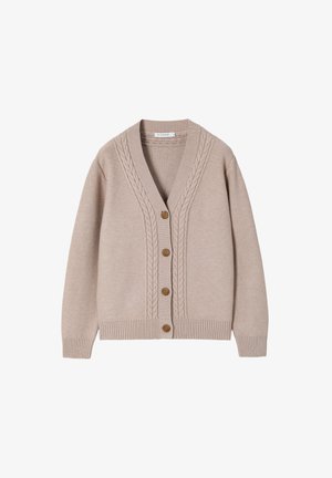 Beige knit cardigan with cable knit detailing along button placket, ribbed cuffs and hem, and four brown buttons down front.