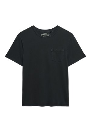 Zwart T-shirt met korte mouwen en een ronde hals, voorzien van een klein borstzakje aan de linkerkant en een merkembleem aan de binnenkant van de kraag.