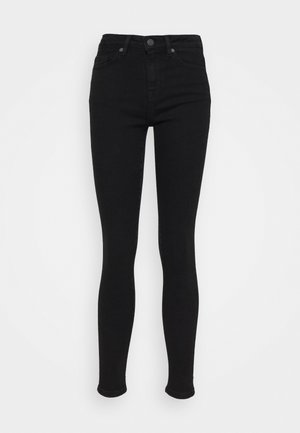 Black high-waisted jeans with a fitted shape, made from denim. Features a front button and zip closure, and standard five-pocket design.