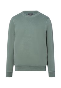 Sweat-shirt à manches longues et col rond en vert sauge pâle, avec poignets et ourlet côtelés, sans logos ni motifs apparents.