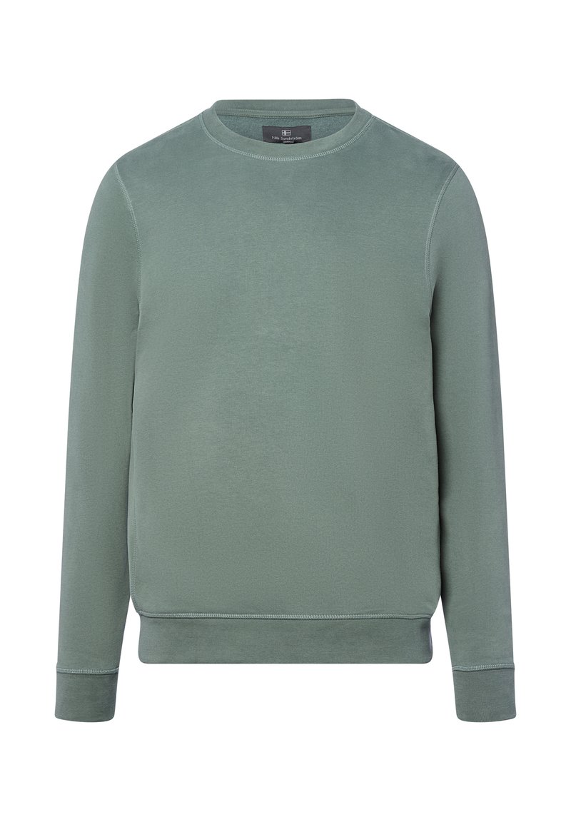 Sweat-shirt à manches longues et col rond en vert sauge pâle, avec poignets et ourlet côtelés, sans logos ni motifs apparents.