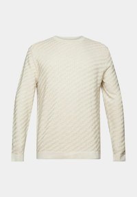 Pull à manches longues couleur crème avec un motif en relief style tissage panier, bordé de côtes aux poignets, à l'encolure et à l'ourlet, sur un fond uni.