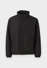 Černá lehká bunda s vysokým límcem, zipovými bočními kapsami, elastickými manžetami a volným střihem. Hladký, voděodolný materiál.