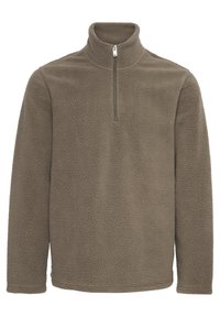 Brun fleece-trøje med høj krave, halvlang lynlås foran og struktureret overflade. Lange ærmer og en afslappet pasform.