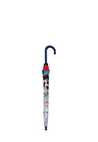 Transparent umbrella with a colorful floral design, blue rubber hook handle, and a red accent at the top. Long, curved shape, lightweight.