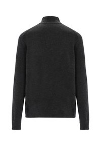 Dunkelgrauer Pullover mit hohem Kragen, langen Ärmeln und geripptem Saum. Der Stoff wirkt weich und hat eine glatte Textur.