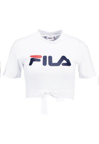 Top corto blanco de manga corta con el logo de FILA en azul marino y rojo en el pecho, cuello redondo y detalle de lazo en el dobladillo.