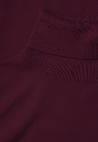 Burgundský rolák s ribovaným límcem a hladkým úpletem, zaměřený na hlubokou barvu a bezproblémový design.