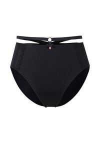 Mutandine nere a vita alta con pannelli laterali in pizzo, texture liscia e un elegante fiocco decorativo con anello frontale.