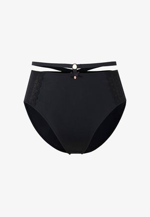 High-waisted black underwear with lace side panels, a smooth texture, and a decorative front bow and ring accent.