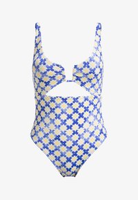 Bañador de una pieza en azul con un patrón floral en amarillo y blanco, que presenta un diseño con corte y tirantes ajustables para un mejor ajuste.