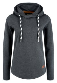 Šedá mikina s kapucí a strukturovaným povrchem, s černobílými proužkovými tkaničkami a hnědým koženým logem na lemu.