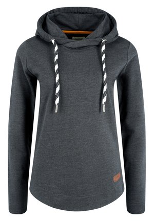 Harmaa huppari, jossa on teksturoitu pinta, musta-valkoiset narut ja ruskea nahkainen logopatchi helmassaan.