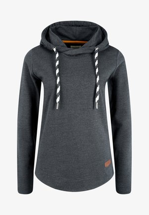 Gray hooded sweatshirt with a textured surface, featuring black and white striped drawstrings and a brown leather logo patch at the hem.