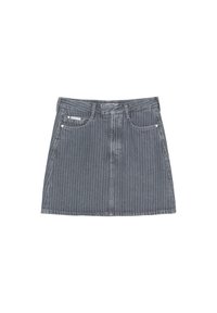 Grå denimskjørt med vertikale hvite striper, en strukturert A-linje-design, fem belteholdere og subtile frontlommer. Kort lengde.