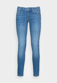 Blå slim-fit jeans med femficksdesign och knappstängning, uppvisade mot en vit bakgrund.