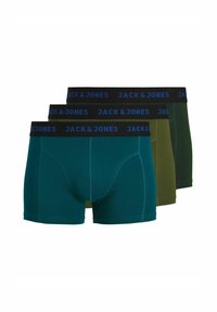 Drei Paar Boxershorts in Dunkelgrün und Petrol, mit einem schwarzen elastischen Bund, auf dem "JACK & JONES" in blauer Schrift steht. Glatte Stoffoberfläche.
