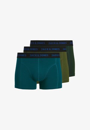 Trzy pary bokserek w ciemnozielonym i turkusowym kolorze, z czarnym elastycznym paskiem z napisem "JACK & JONES" w niebieskim kolorze. Gładka faktura materiału.