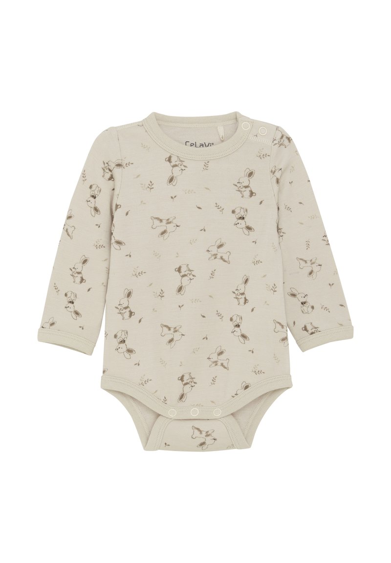 Långärmad babybody i beige med ett ljusbrunt kanintryck. Har axelsnappar och botten-snappar för enkel på- och avklädning.