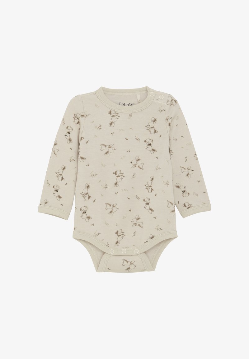 Långärmad babybody i beige med ett ljusbrunt kanintryck. Har axelsnappar och botten-snappar för enkel på- och avklädning.
