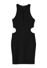 Svart ribbad klänning med utskurna sidor, hög halsringning och nyckelhålsdetalj. Figursydd silhuett och knälång fåll. Slät textur.