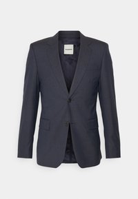 Granatowa marynarka z wyciętym klapą, dwoma przednimi kieszeniami, zapięciem na jeden guzik oraz teksturowanym materiałem. Podszewka wewnętrzna. Widoczna metka marki.