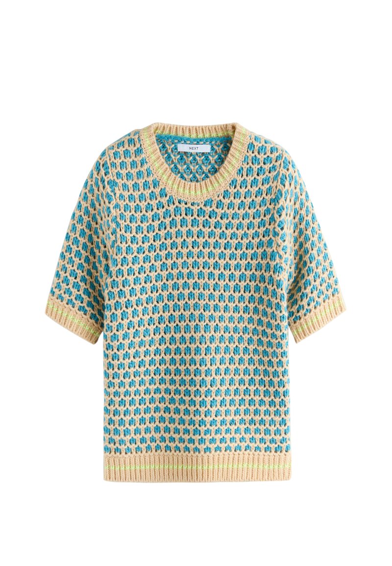 Adīts džemperis ar īsām piedurknēm, zilu un beigu rakstu, apaļu kakla izgriezumu un kontrastējošu ribotu apdari gaiši zaļā un rozā krāsā.