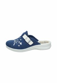 Blue felt clogs with a white floral embroidery design, a white adjustable strap, and a white rubber sole for comfort and support.