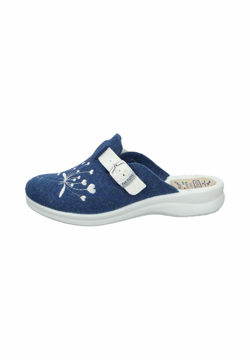 Blue felt clogs with a white floral embroidery design, a white adjustable strap, and a white rubber sole for comfort and support.