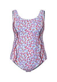 Eénstuk badpak in lichtblauw, met een meerkleurig stippenpatroon in roze, rood en wit. Versierd met rode en paarse golvende lijnen.