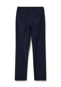 Pantalons tailleurs bleu marine en tissu lisse, avec une taille plate, deux poches arrière et des fermetures à bouton. Design à jambes droites.