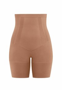 High-waisted shapewear shorts in a mid-toned tan color, made of smooth, stretchy fabric with subtle seams and a reinforced waistband.