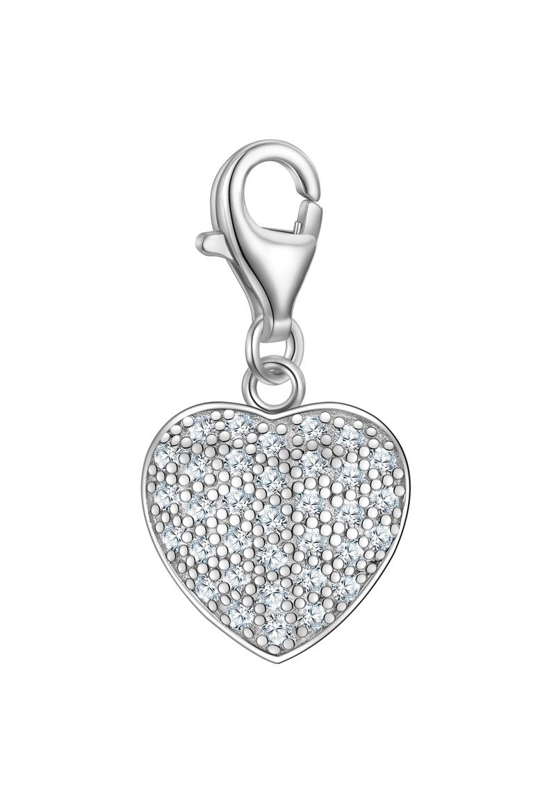 Silverfärgad hjärtformad berlock med en texturerad yta prydd med flera små, glittrande stenar, utrustad med en kräftklo som fäste.
