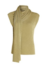 Guld metallic ærmeløs top med draperet hals, ribbet tekstur og vedhæftet tørklædesdetalje. Har en tætsiddende form og glat stof.