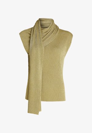 Zlatna metalna bezrukavna majica z drapiranim izrezom, rebrastom teksturom i pridruženim maramom. Ima prilagođeni oblik i glatku tkaninu.