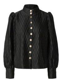Black, textured blouse with a high collar, puffed sleeves, and a buttoned front featuring metallic buttons and a wave pattern.